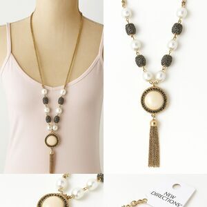New Directions Long Necklace 30" Faux Pearl Statement Pendant Tassel 5" NWT